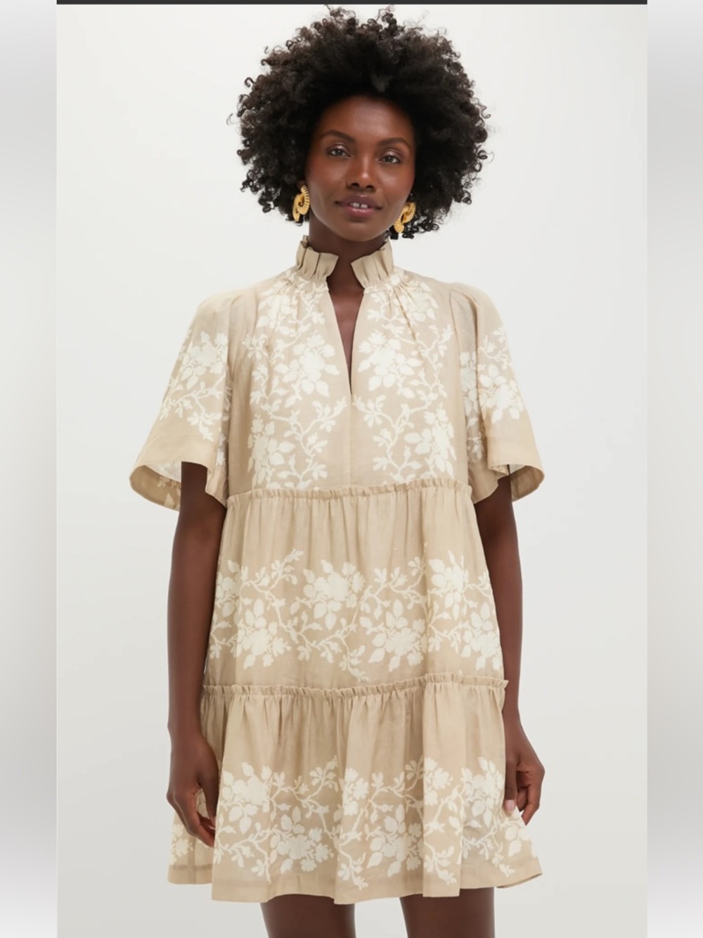 Tuckernuck Dune Floral Tiered Crawford Dress with Ruffle Collar Mocha Print
